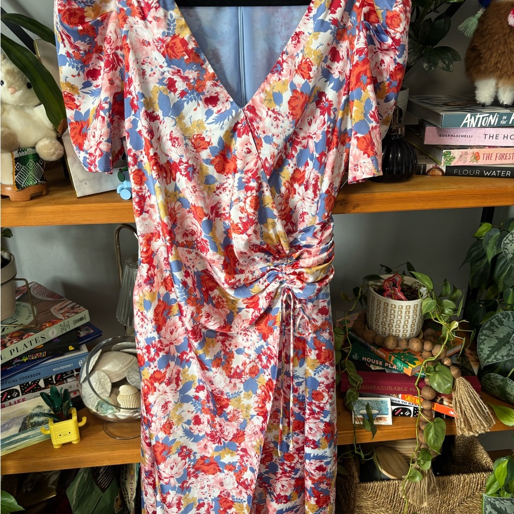 Floret Studios Floral Satin Faux Wrap Midi Dress | Medium - Picture 4 of 7